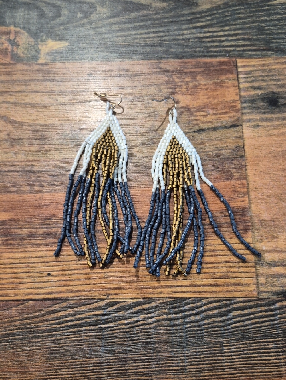 Handcrafted White, Gold & Navy Seed Bead Fringe Earrings